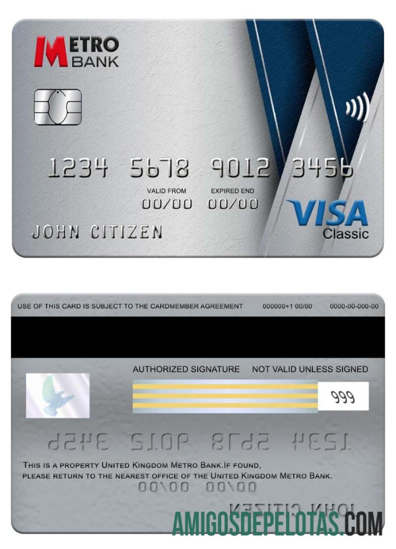 Cartão Metro Bank Visa Classic do Reino Unido amostra